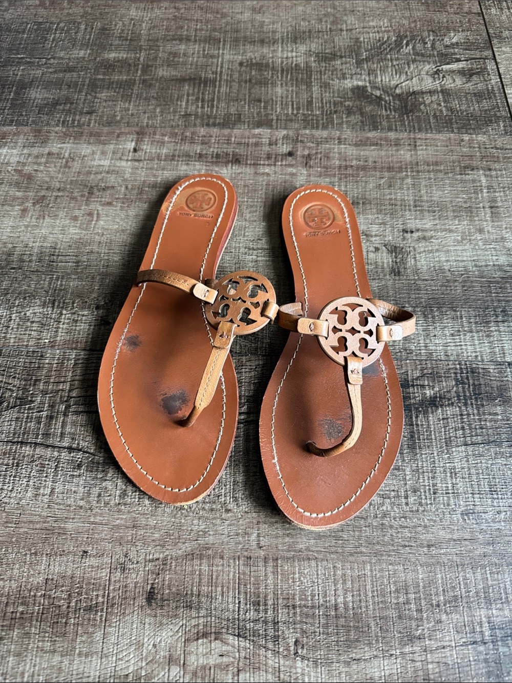 Tory Burch Tan Leather Miller Logo Thong Sandals